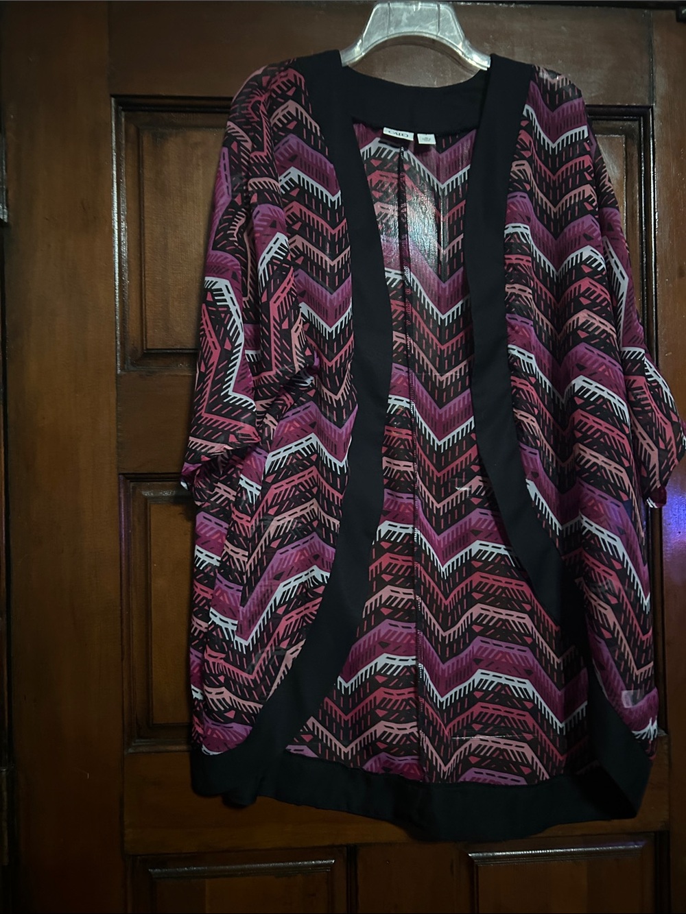 Cato Open-Front Chevron Cardigan in Pink and Black